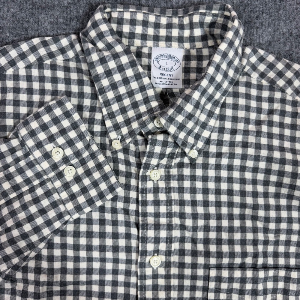 Brooks Brothers Regent Gingham Check Shirt Mens L Grey White Cotton EUC Classic
